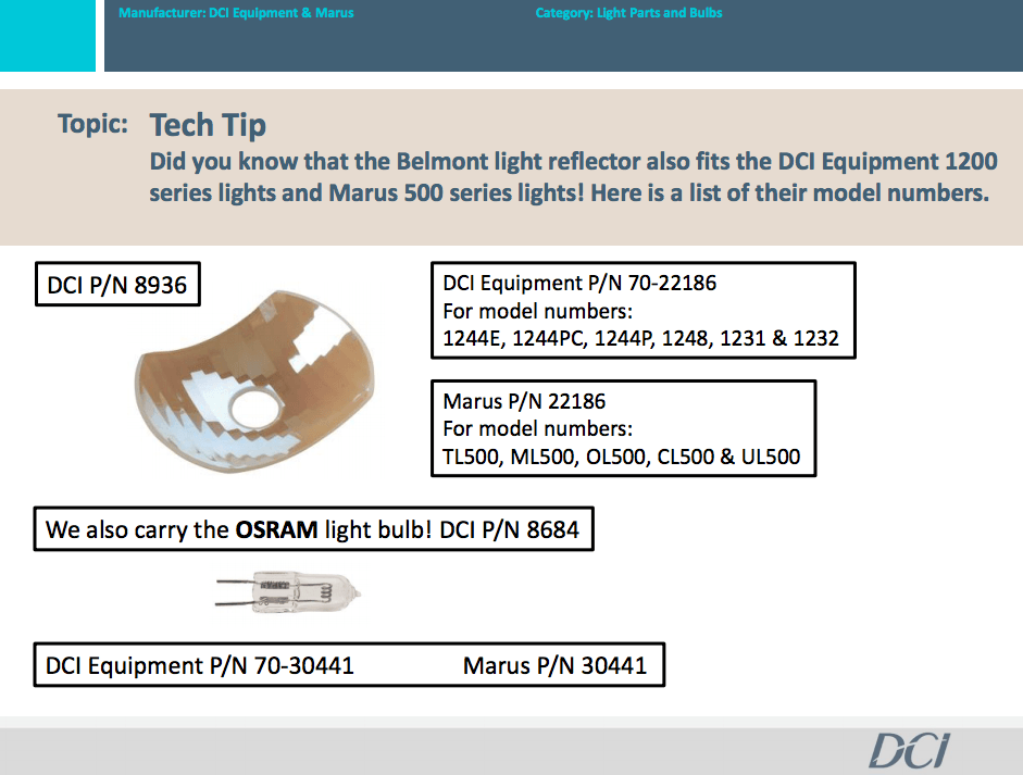 Belmont light reflector also fits DCI Equipment 1200 series lights & Marus 500 series lights